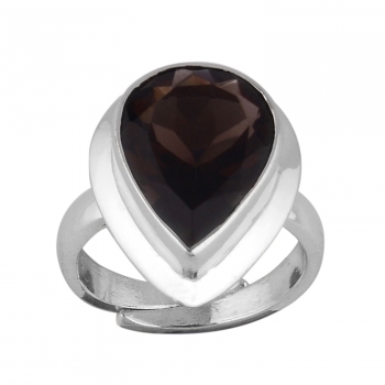 Adjustable band teardrop smoky quartz gemstone silver ring